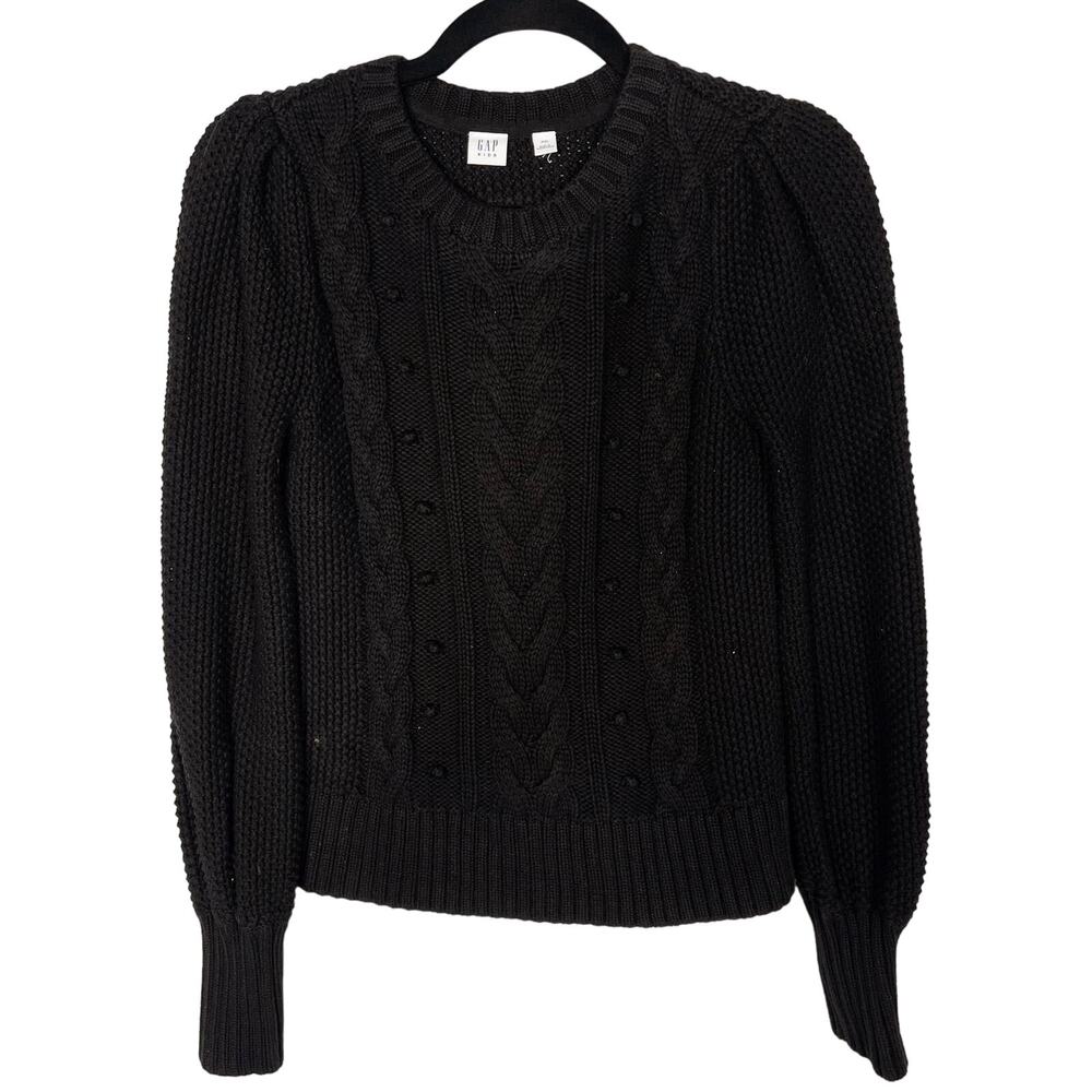 Gap Kids Girls 2XL Black Cable Knit Sweater Crew Neck Puff Sleeves Chunky Cotton